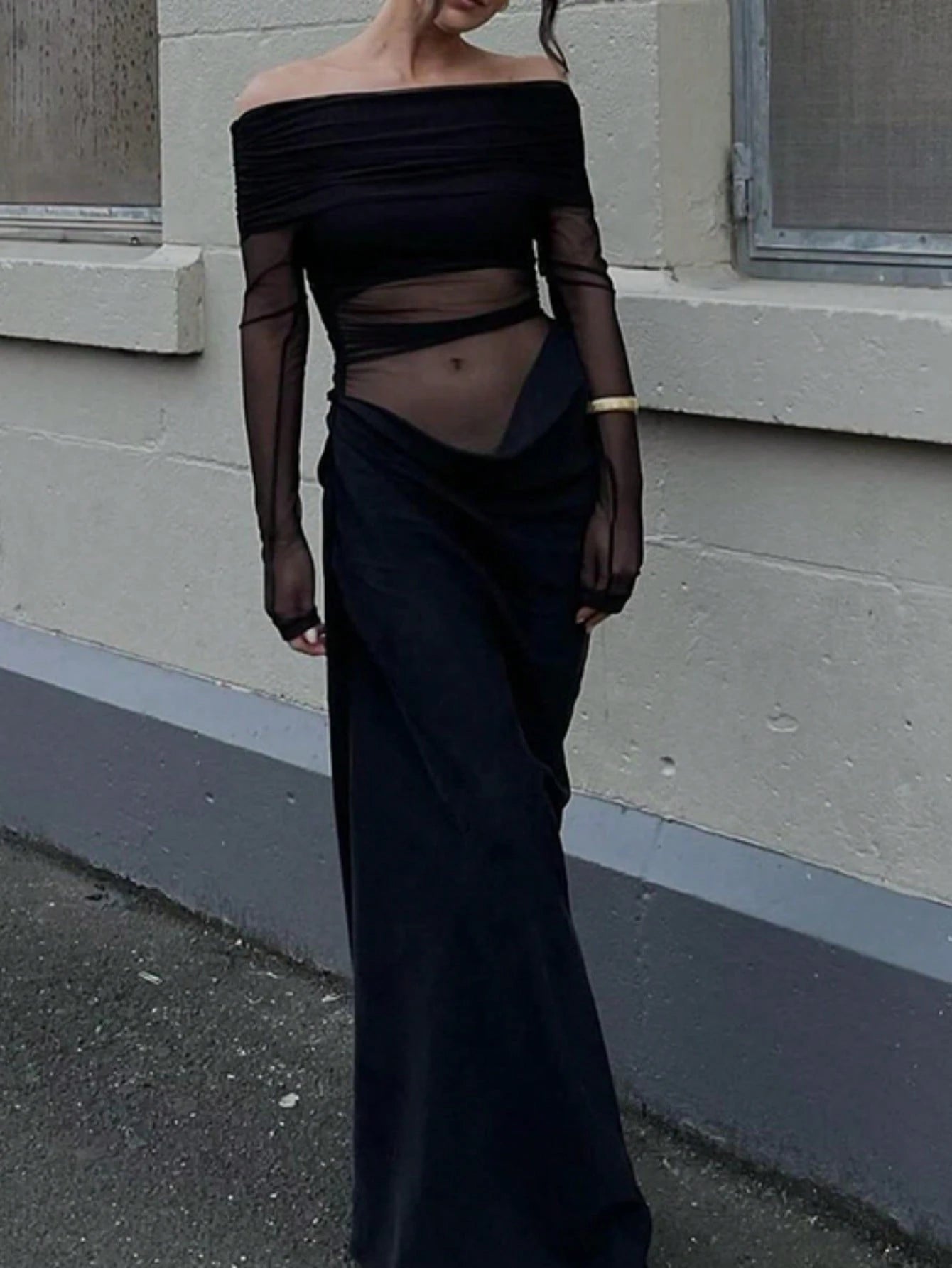 Women's Solid Off Shoulder Mesh Hollow Out Fitted Long Dress