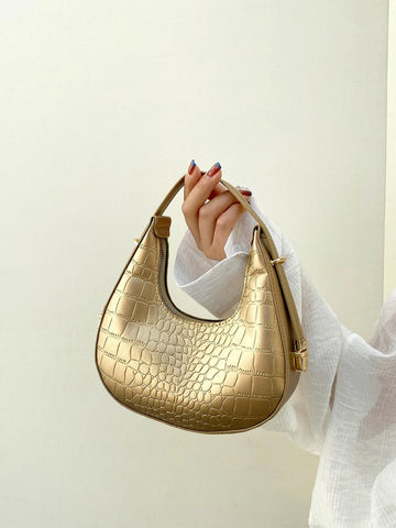 Waterproof,Lightweight,Business Casual Metallic Crocodile Embossed Hobo Bag Stylish Crescent Purses shein