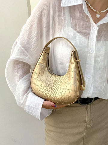 Waterproof,Lightweight,Business Casual Metallic Crocodile Embossed Hobo Bag Stylish Crescent Purses shein