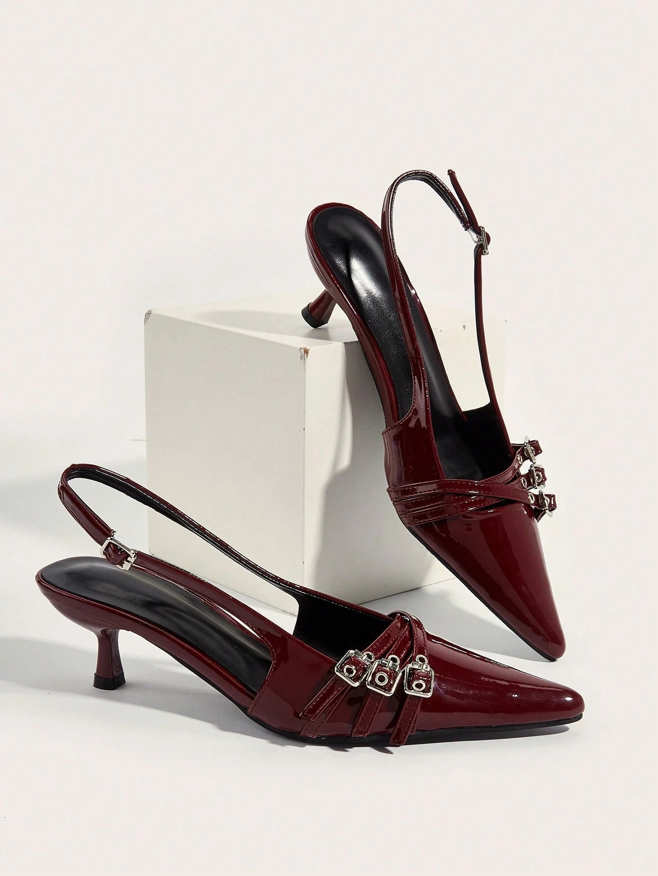 Wedding Party Sexy Burgundy Patent Leather Pointed Toe Metal Buckle Strap Stiletto High Heels shein