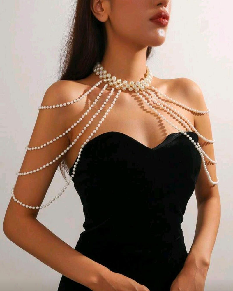 1pc Elegant White Faux Pearl Handmade Crochet Body Chain shein