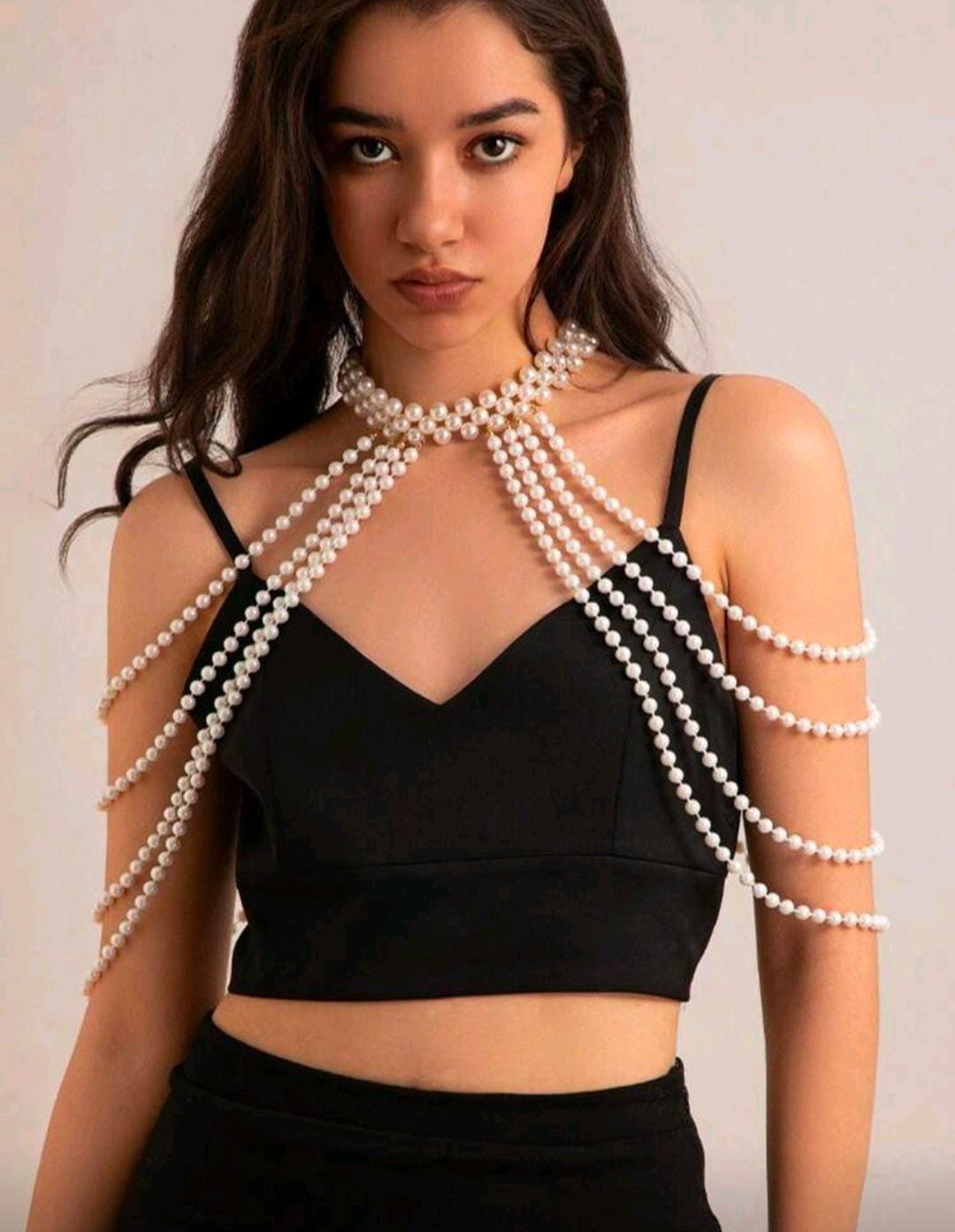 1pc Elegant White Faux Pearl Handmade Crochet Body Chain shein