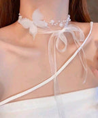 1pc Light Luxury Elegant White Flowers & Faux Pearl Beaded Collar Necklace shein