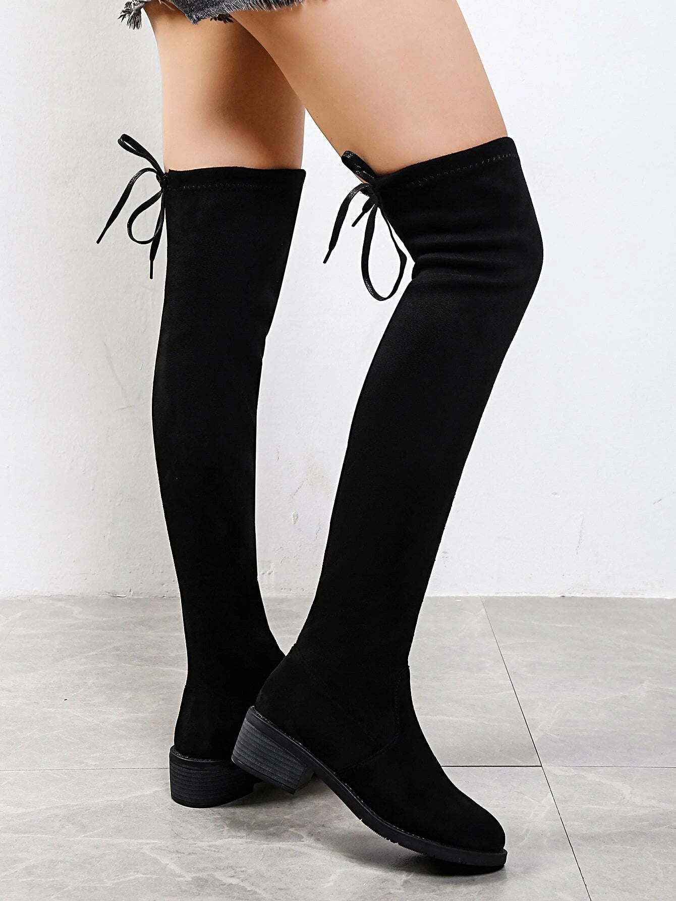 Women Black Bow Decor Chunky Heeled Knee High Sock Boots shein