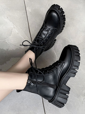 Women Black Lace Up Minimalist Side Zip Flat Artificial Microfiber Leather Combat Boots shein