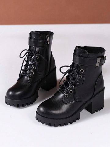 Women Buckle Decor Lace-Up Front Zipper Side Platform Combat Boots shein