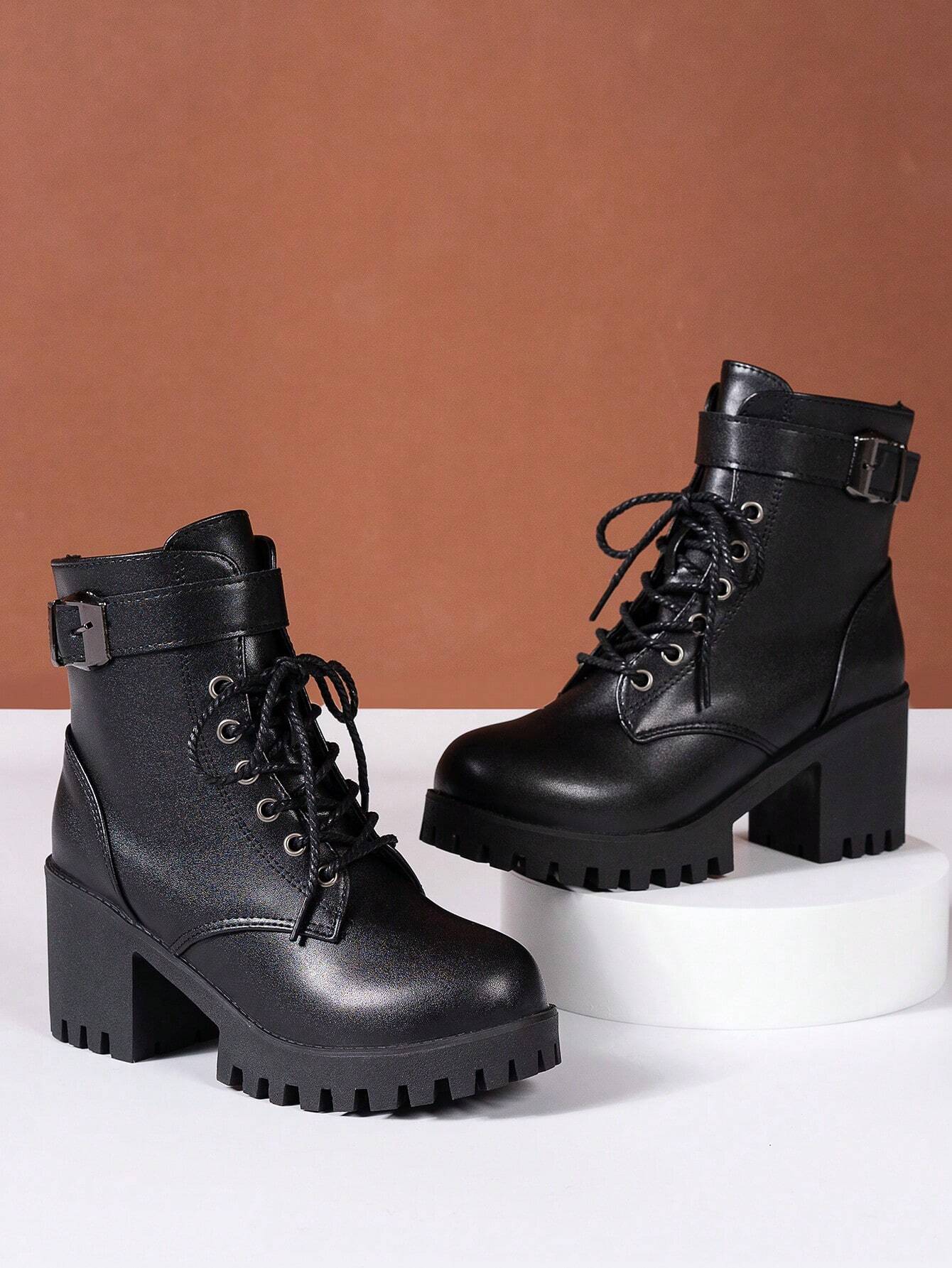 Women Buckle Decor Lace-Up Front Zipper Side Platform Combat Boots shein