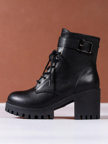 Women Buckle Decor Lace-Up Front Zipper Side Platform Combat Boots shein