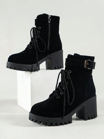 Women Buckle Decor Lace-Up Front Zipper Side Platform Combat Boots shein