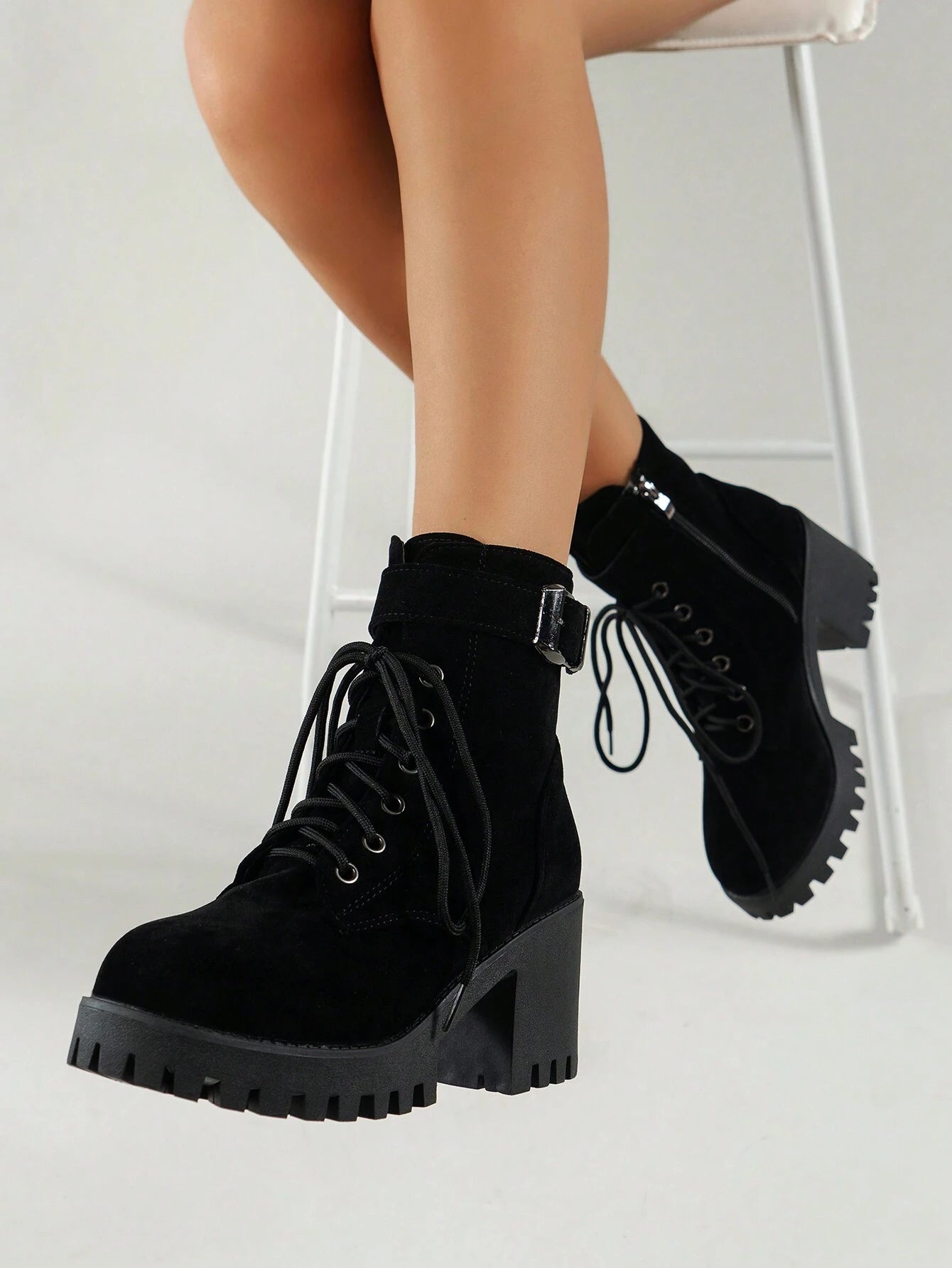 Women Buckle Decor Lace-Up Front Zipper Side Platform Combat Boots shein