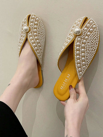 Women Faux Pearl Decor Flat Mules, Fashion Outdoor Flats shein