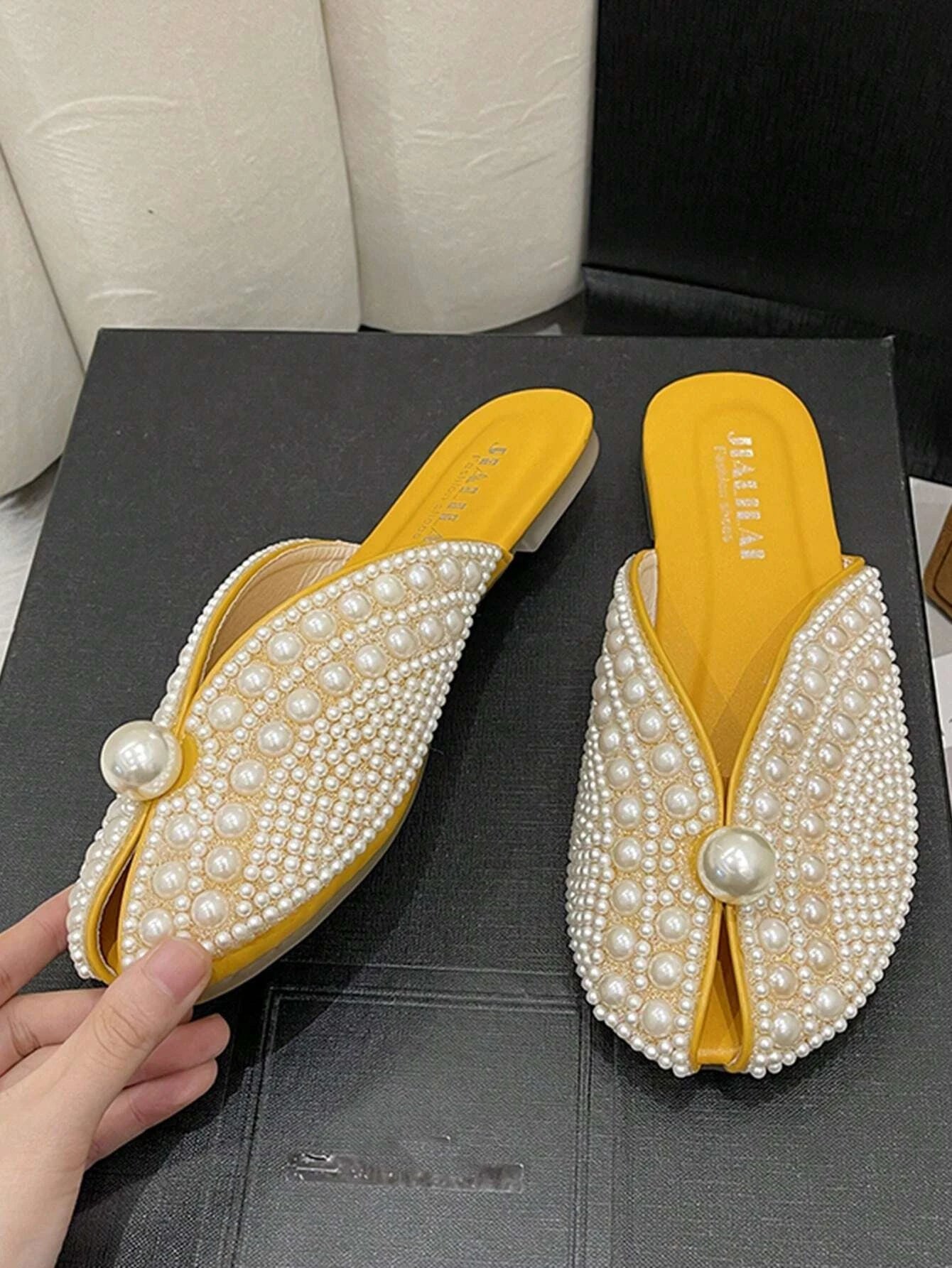 Women Faux Pearl Decor Flat Mules, Fashion Outdoor Flats shein