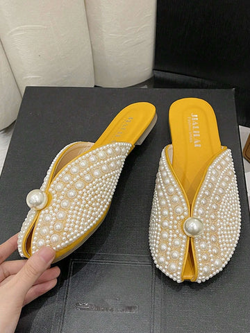 Women Faux Pearl Decor Flat Mules, Fashion Outdoor Flats shein