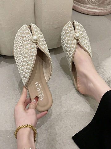 Women Faux Pearl Decor Flat Mules, Fashion Outdoor Flats shein
