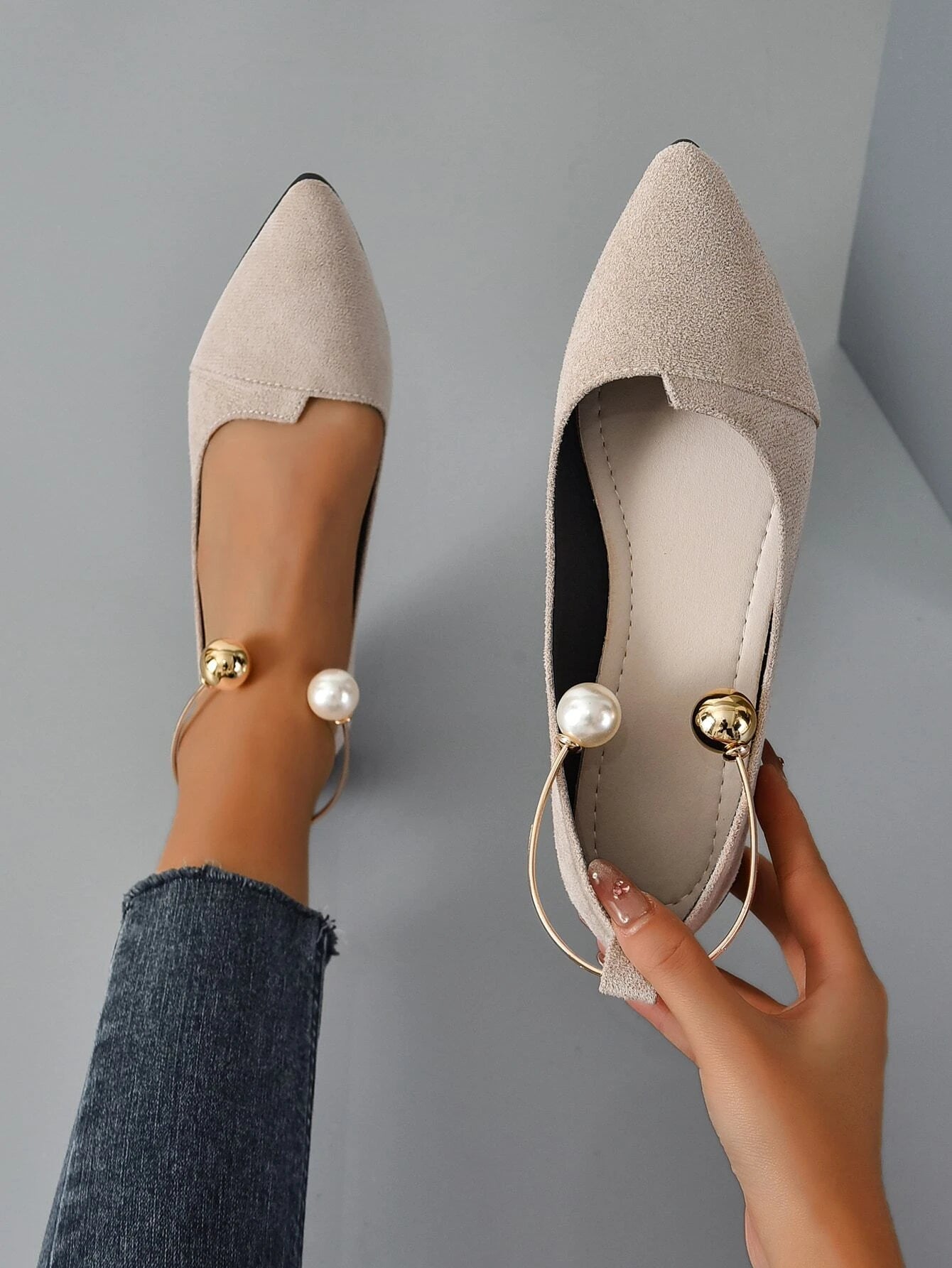 Women Faux Pearl Decor Point Toe Ankle Strap Flats, Elegant Apricot Faux Suede Pumps shein