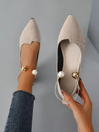 Women Faux Pearl Decor Point Toe Ankle Strap Flats, Elegant Apricot Faux Suede Pumps shein