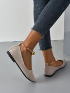 Women Faux Pearl Decor Point Toe Ankle Strap Flats, Elegant Apricot Faux Suede Pumps shein
