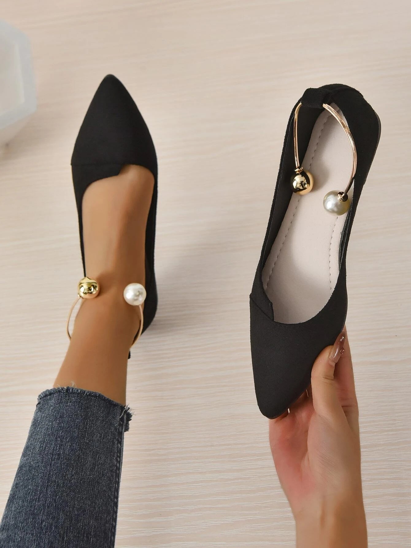 Women Faux Pearl Decor Point Toe Ankle Strap Flats, Elegant Apricot Faux Suede Pumps shein