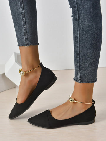 Women Faux Pearl Decor Point Toe Ankle Strap Flats, Elegant Apricot Faux Suede Pumps shein