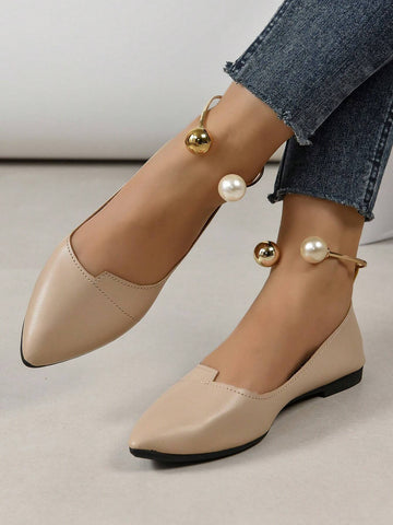Women Faux Pearl Decor Point Toe Ankle Strap Flats, Elegant Apricot Faux Suede Pumps shein