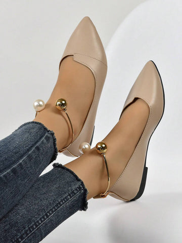Women Faux Pearl Decor Point Toe Ankle Strap Flats, Elegant Apricot Faux Suede Pumps shein