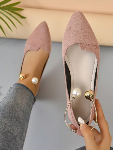 Women Faux Pearl Decor Point Toe Ankle Strap Flats, Elegant Apricot Faux Suede Pumps shein