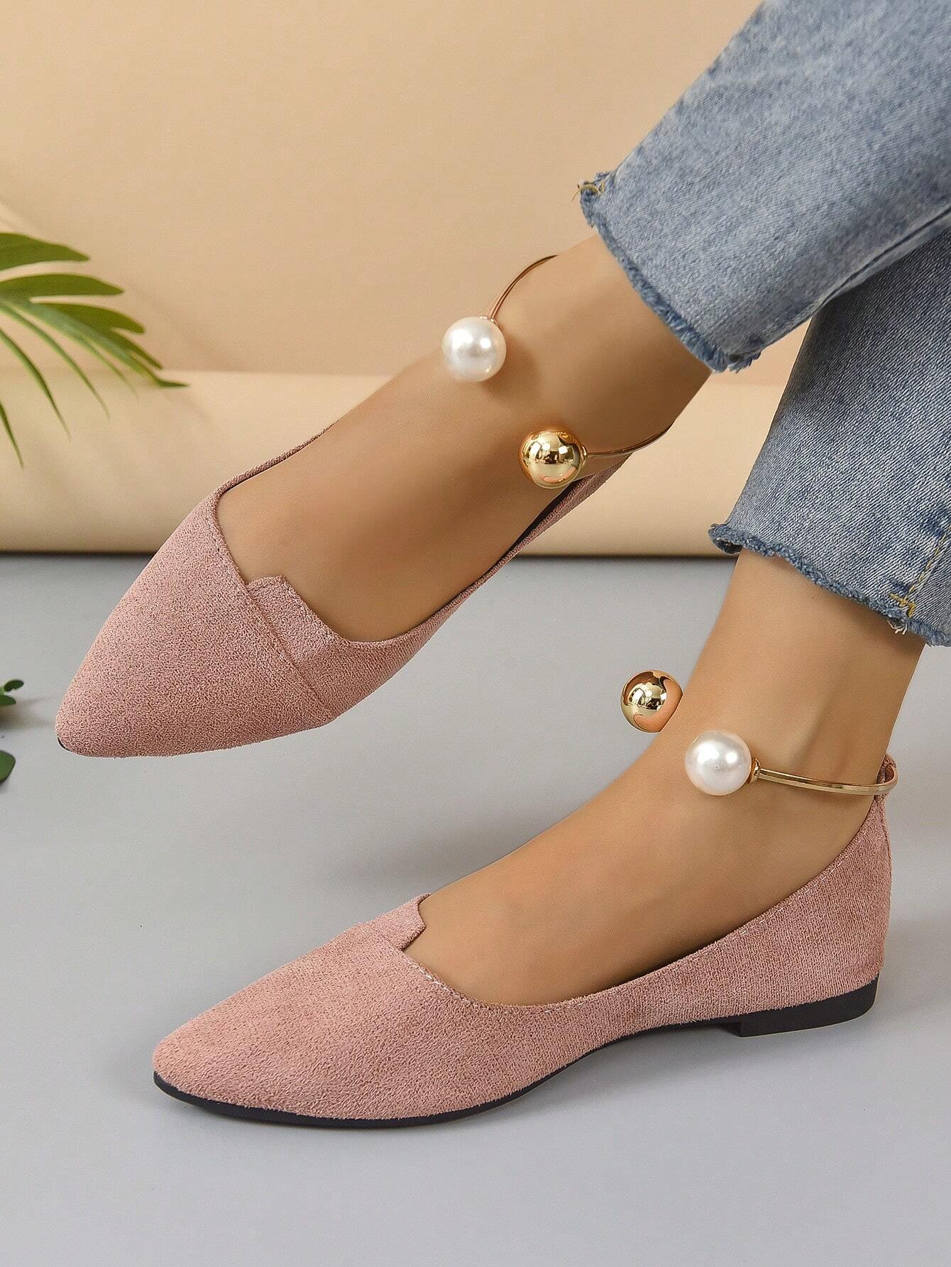 Women Faux Pearl Decor Point Toe Ankle Strap Flats, Elegant Apricot Faux Suede Pumps shein