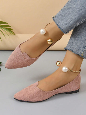 Women Faux Pearl Decor Point Toe Ankle Strap Flats, Elegant Apricot Faux Suede Pumps shein