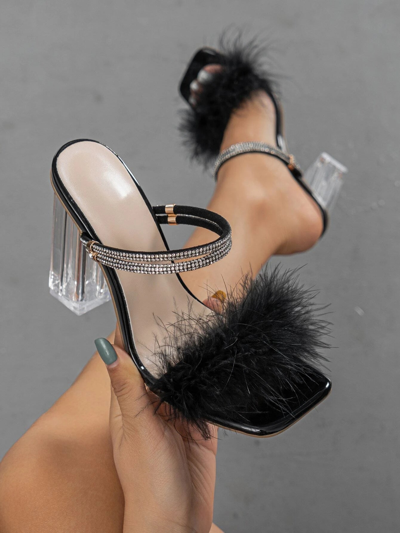 Women Fuzzy Rhinestone Decor Mules shein