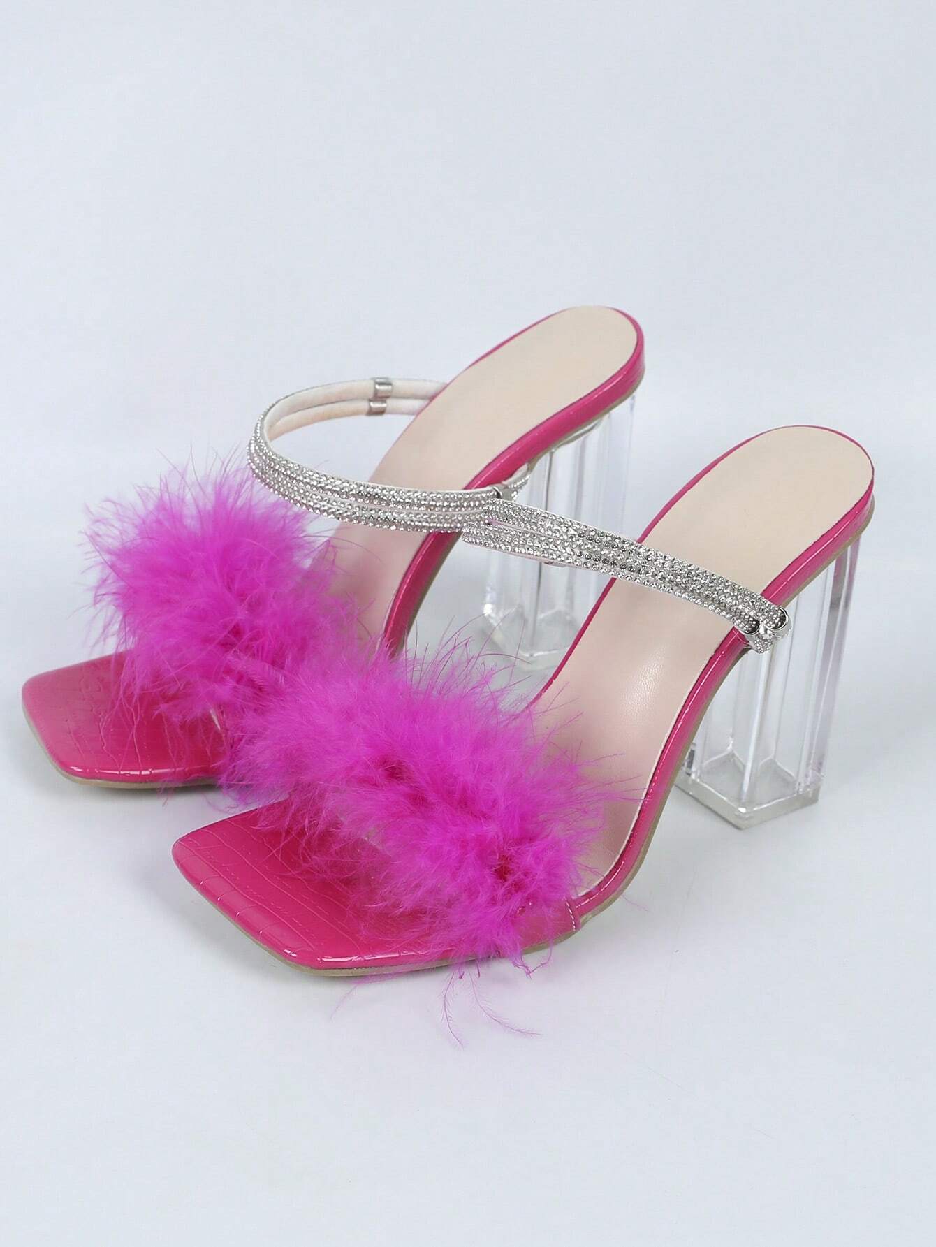 Women Fuzzy Rhinestone Decor Mules shein