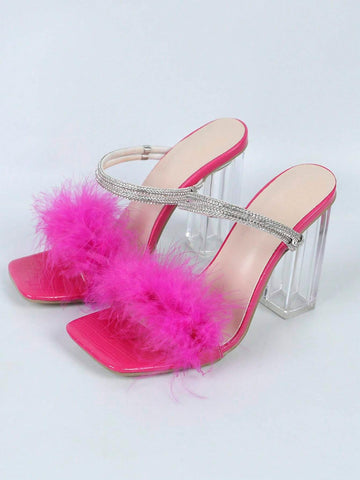 Women Fuzzy Rhinestone Decor Mules shein