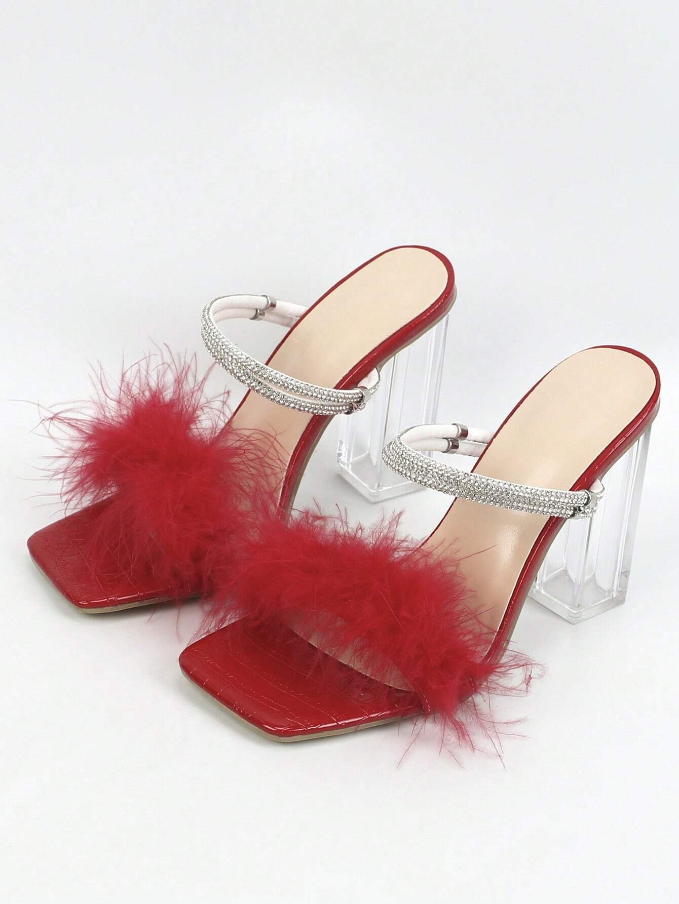 Women Fuzzy Rhinestone Decor Mules shein