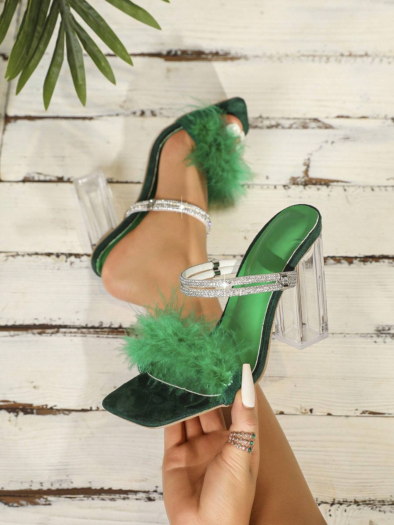 Women Fuzzy Rhinestone Decor Mules shein