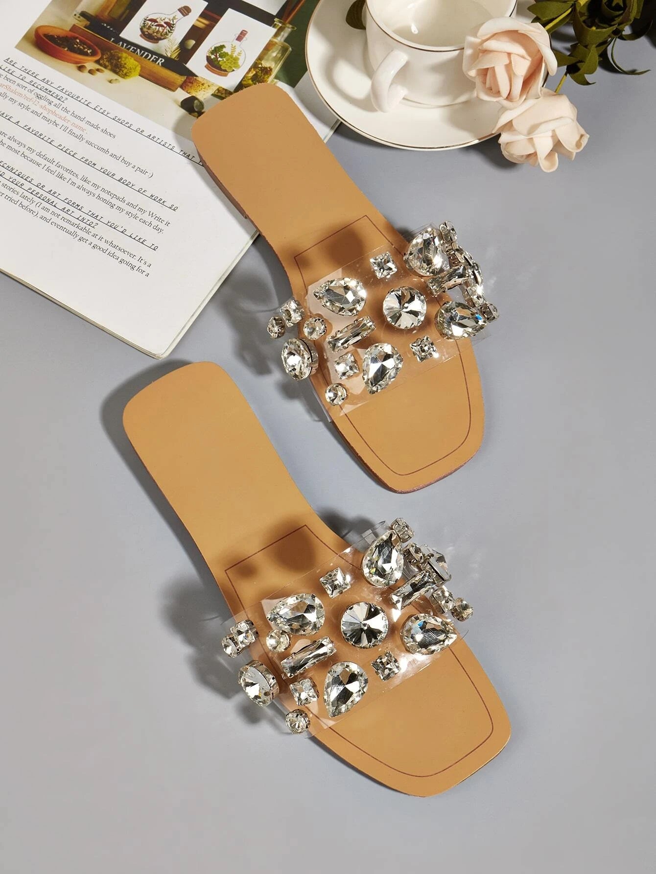 Women Gemstone Decor Slide Sandals, Glamorous Open Toe Flat Sandals shein