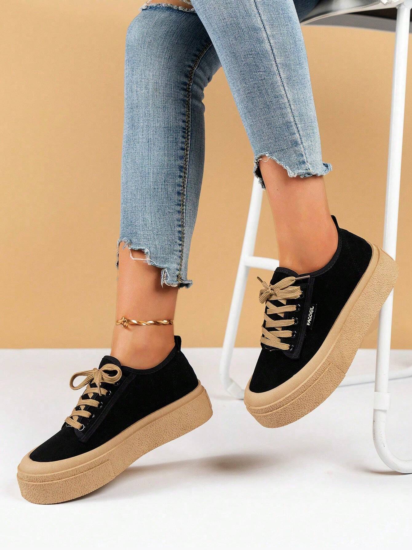 Women Lace-Up Front Faux Suede Skate Shoes shein