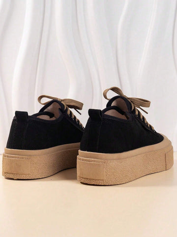 Women Lace-Up Front Faux Suede Skate Shoes shein