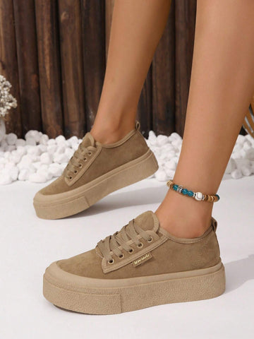 Women Lace-Up Front Faux Suede Skate Shoes shein