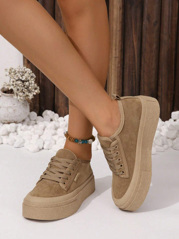 Women Lace-Up Front Faux Suede Skate Shoes shein