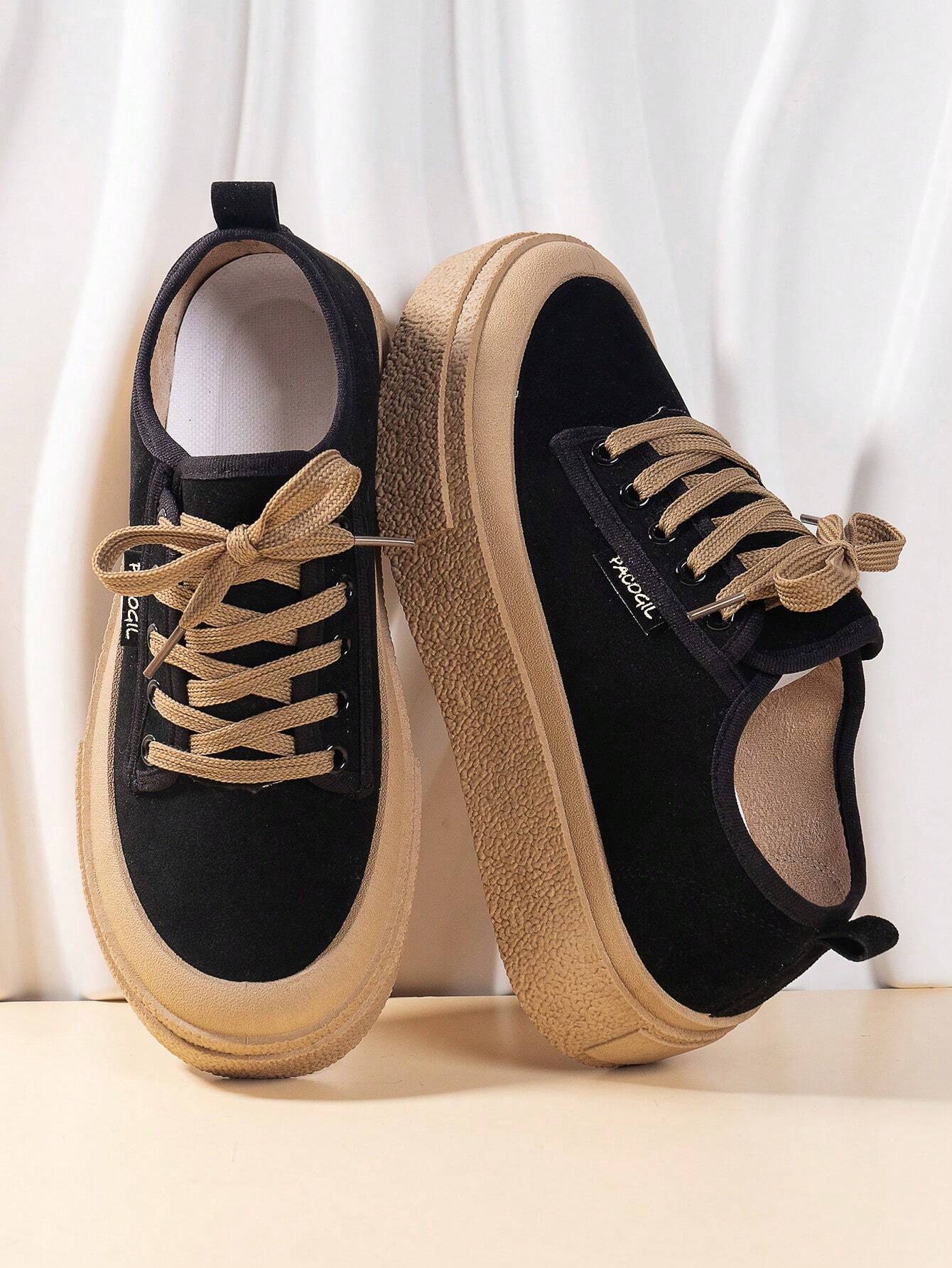 Women Lace-Up Front Faux Suede Skate Shoes shein