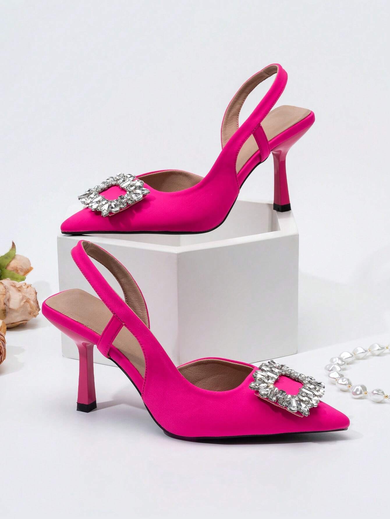 Women Metallic Rhinestone Decor Point Toe Heeled Slingback Pumps shein