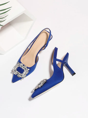 Women Metallic Rhinestone Decor Point Toe Heeled Slingback Pumps shein