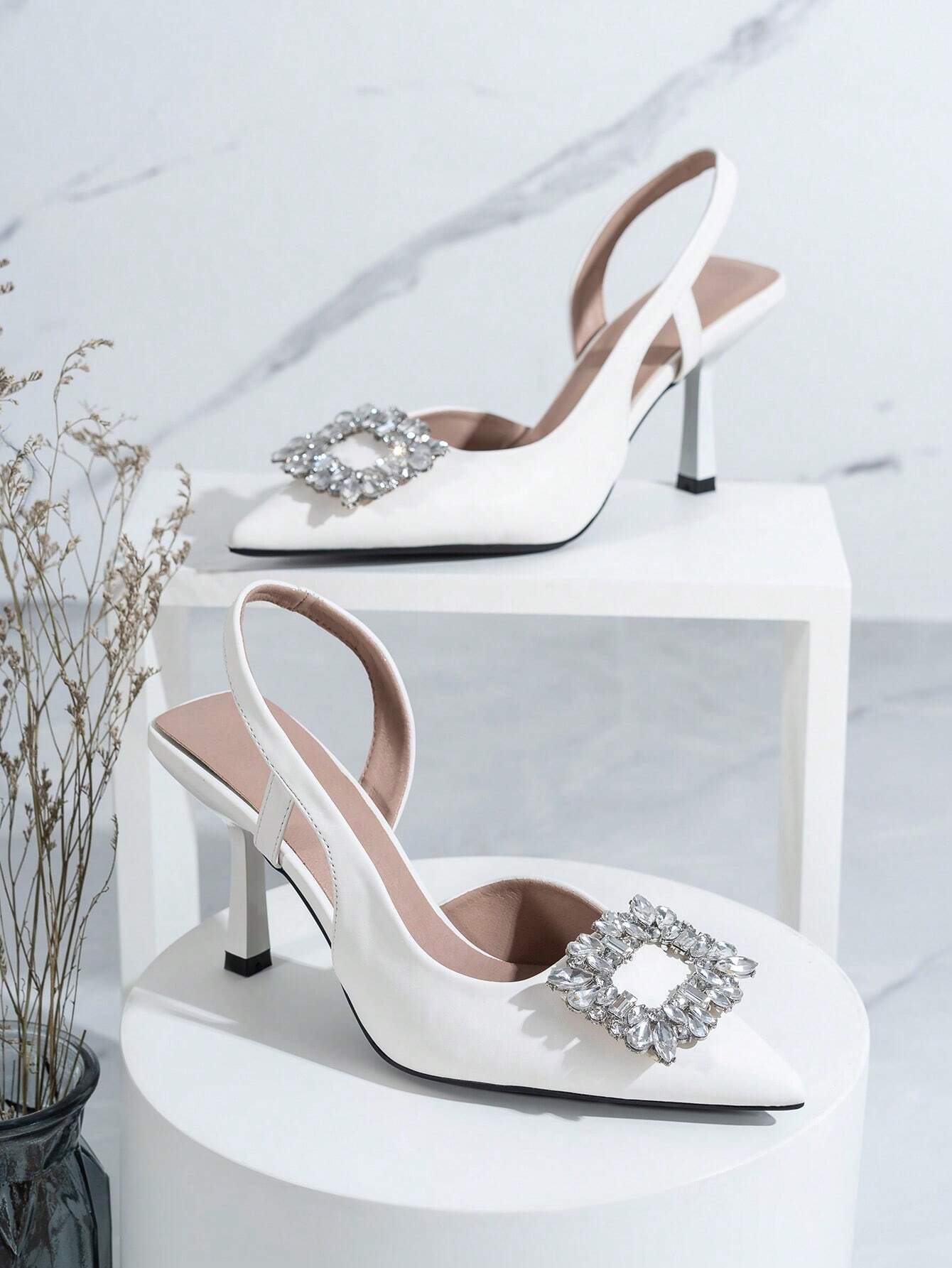 Women Metallic Rhinestone Decor Point Toe Heeled Slingback Pumps shein