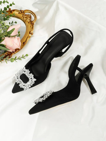 Women Metallic Rhinestone Decor Point Toe Heeled Slingback Pumps shein