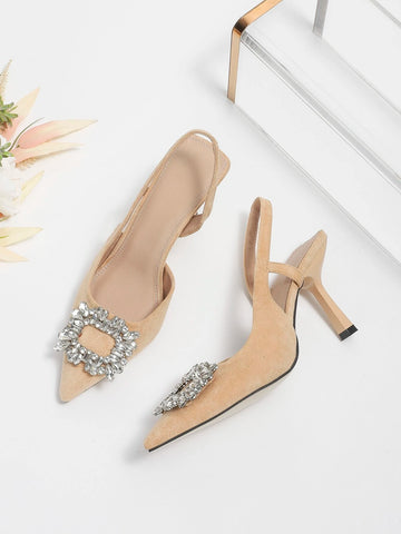 Women Metallic Rhinestone Decor Point Toe Heeled Slingback Pumps shein