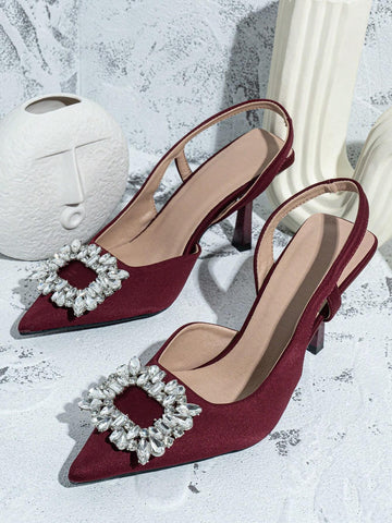 Women Metallic Rhinestone Decor Point Toe Heeled Slingback Pumps shein