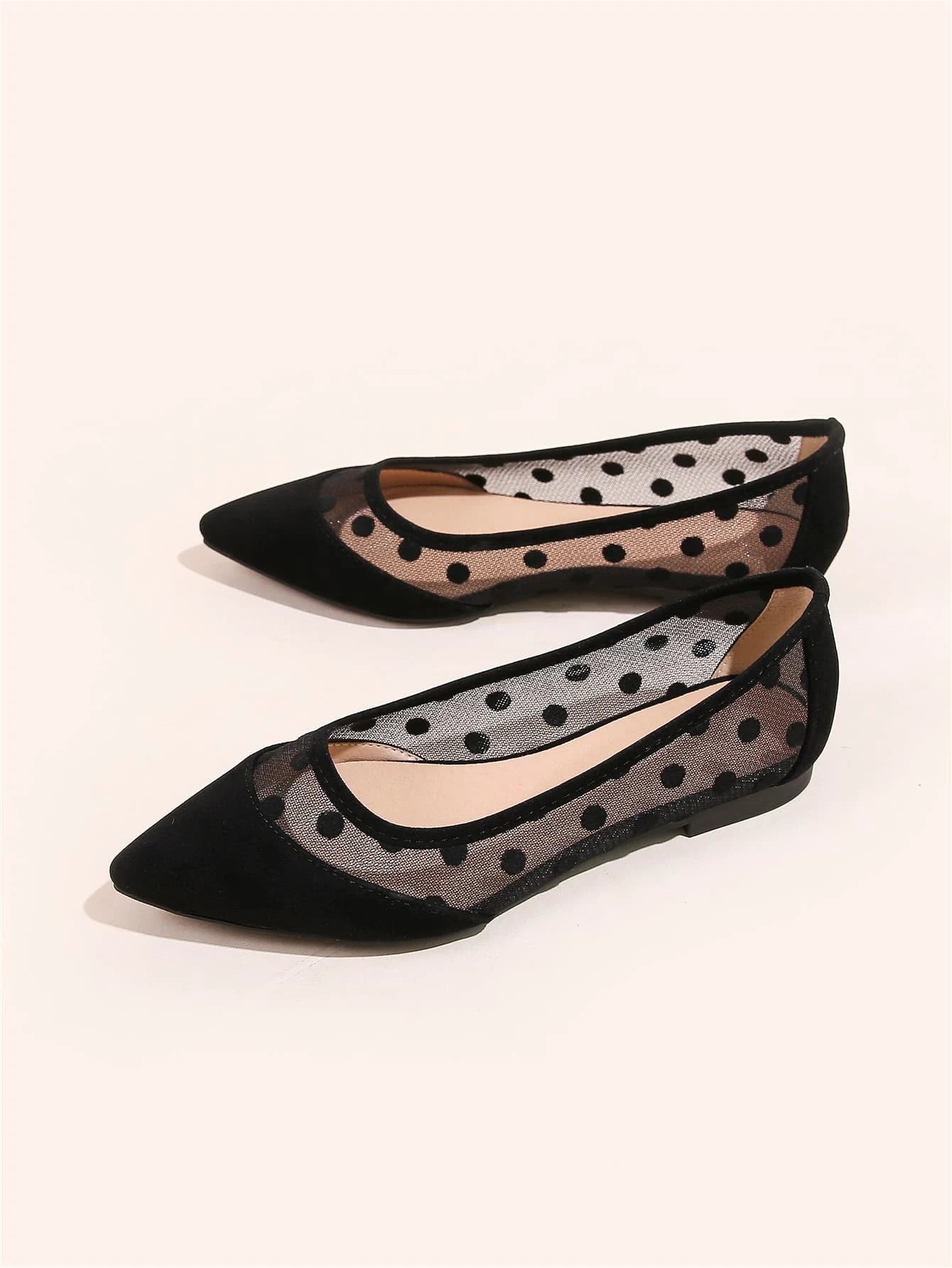 Women Polka Dot Decor Contrast Mesh Point Toe Ballet Flats shein