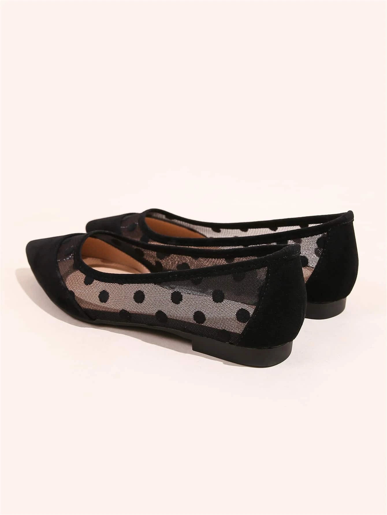 Women Polka Dot Decor Contrast Mesh Point Toe Ballet Flats shein