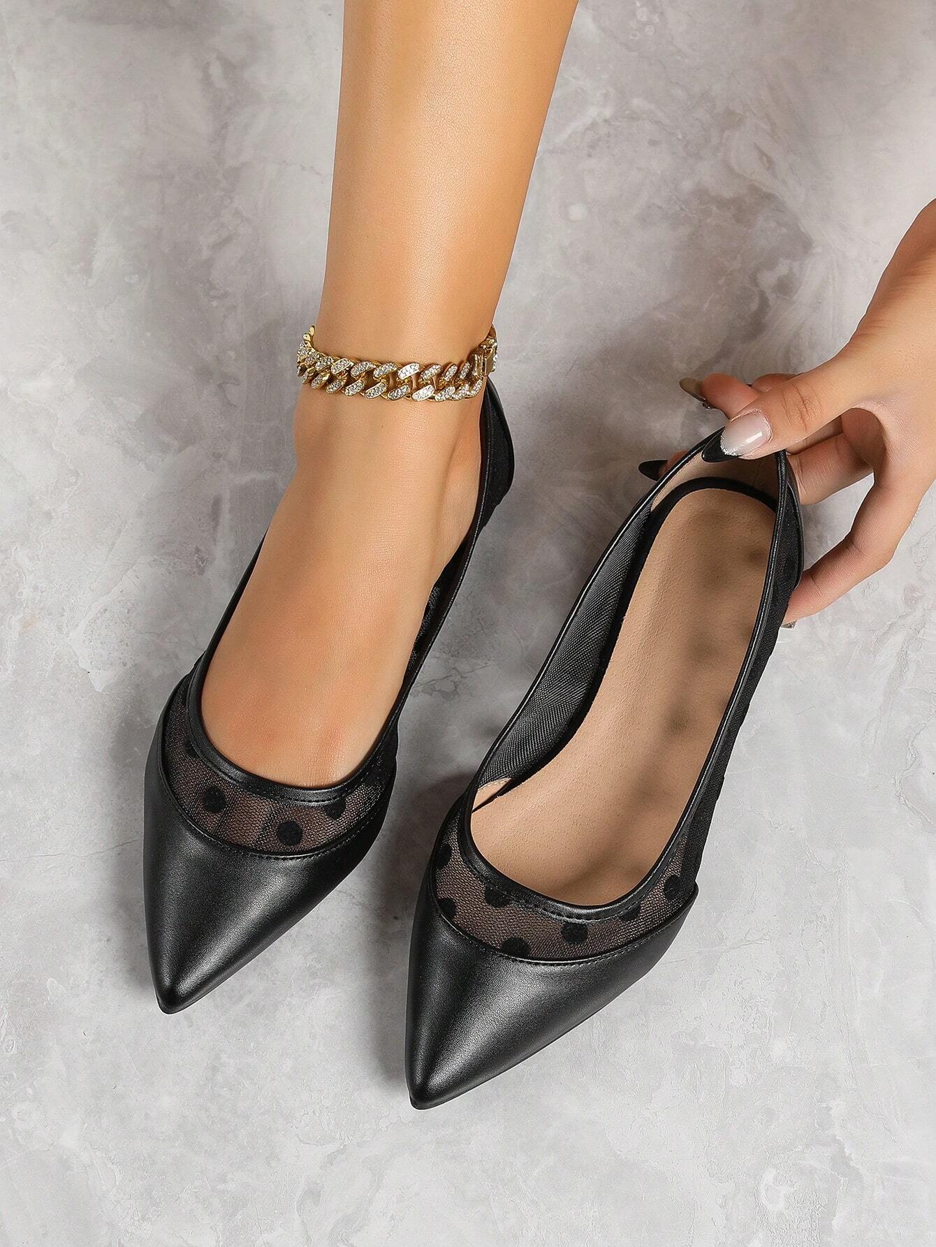 Women Polka Dot Decor Contrast Mesh Point Toe Ballet Flats shein