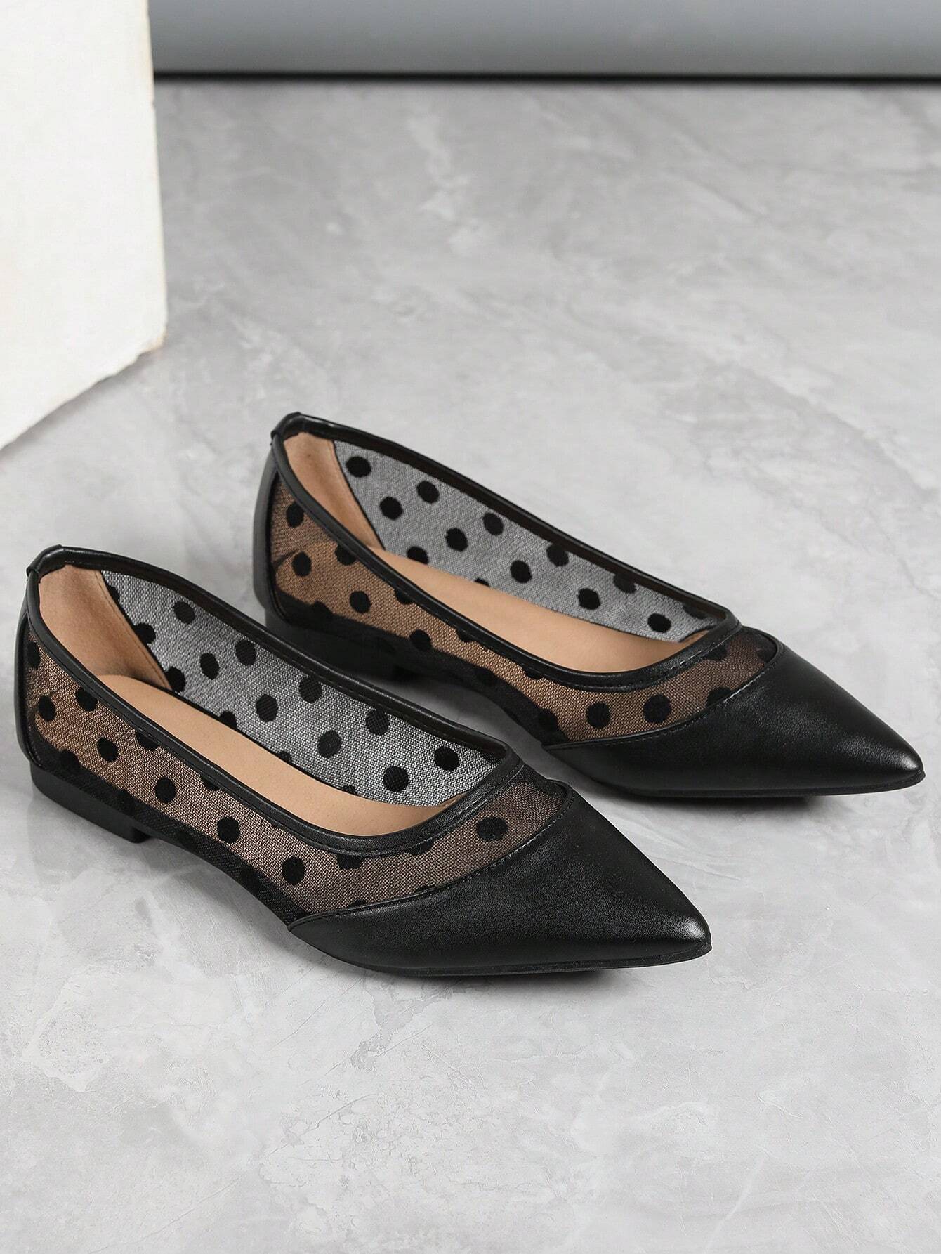 Women Polka Dot Decor Contrast Mesh Point Toe Ballet Flats shein