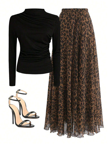 Women Solid Crew Neck Pleated Fitted Long Sleeve T-Shirt + Leopard Print Skirt